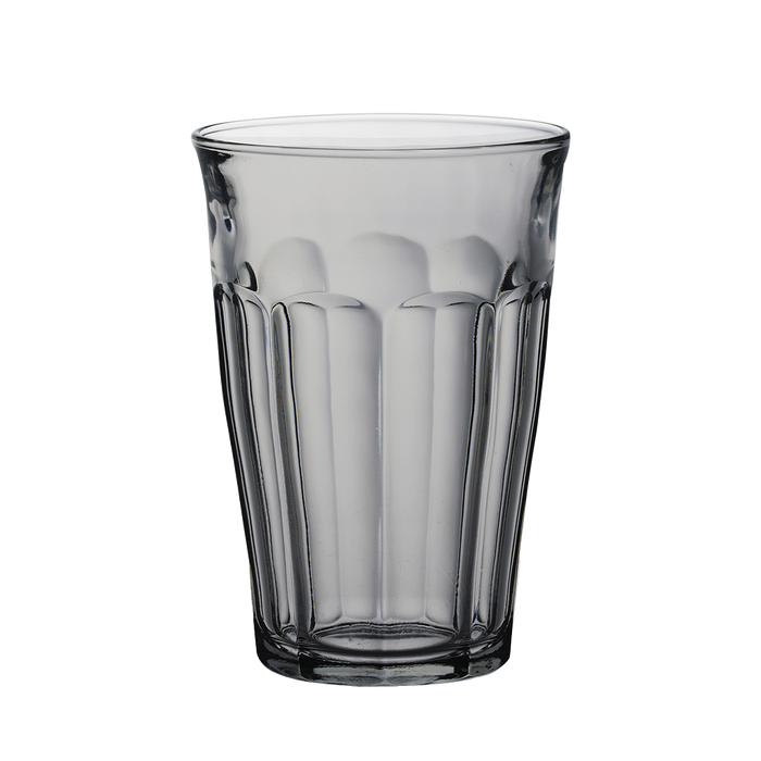 Duralex Le Picardie. A sepia tall glass tumbler with beveled edges. Un tumbler haut en verre sepia avec des bords biseautés