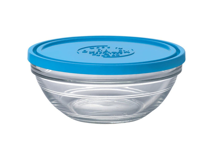 Duralex Freshbox. Clear Glass Bowls with Blue Lids. Les Bols en verre transparent avec des couvercles bleus.
