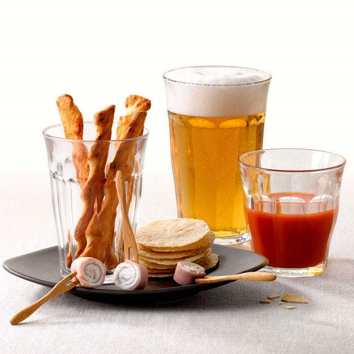 Duralex Le Picardie. Clear Glass Tumblers in Large, Medium, and Small. Les verres en verre transparent de grande taille, taille moyenne et petite taille.