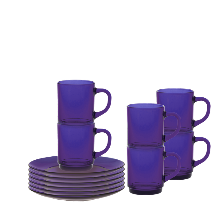 Duralex Lys. 12 Piece Sapphire Blue Set - Glass Mugs and Glass Plates. L'ensemble de 12 pièces en bleu saphir - Des tasses en verre et des assiettes en verre.