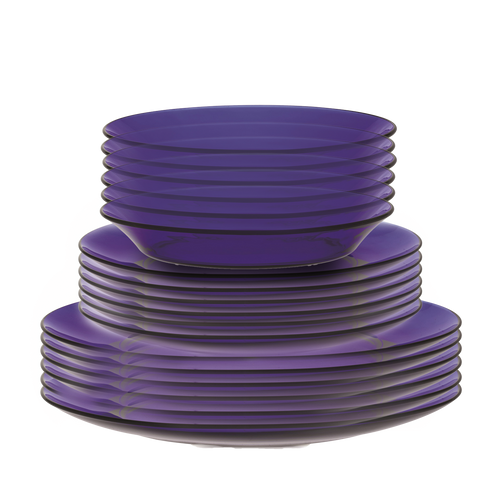 Duralex Lys. 18 Piece Sapphire Blue Dinnerware Set. Six sapphire blue glass dinner plates, six sapphire blue glass dessert plates, six sapphire blue glass bowls. Ensemble de vaisselle de 18 pièces bleu saphir. Six assiettes à dîner en verre bleu saphir, six assiettes à dessert en verre bleu saphir, six bols en verre bleu saphir.