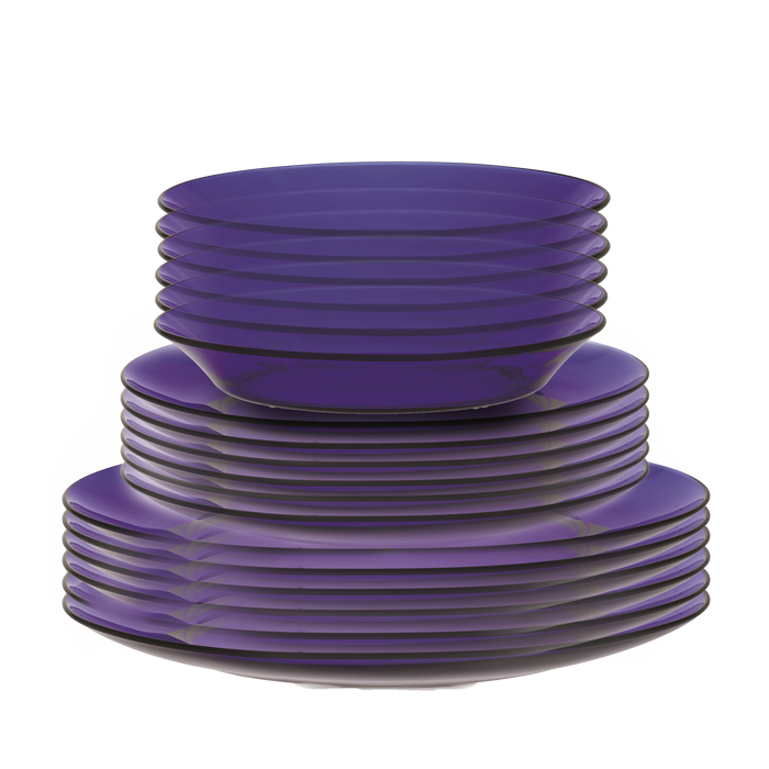 Duralex Lys. 18 Piece Sapphire Blue Dinnerware Set. Six sapphire blue glass dinner plates, six sapphire blue glass dessert plates, six sapphire blue glass bowls. Ensemble de vaisselle de 18 pièces bleu saphir. Six assiettes à dîner en verre bleu saphir, six assiettes à dessert en verre bleu saphir, six bols en verre bleu saphir.