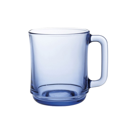 Duralex Lys. A stylish minimalist glass mug in blue marine. Une tasse en verre chic et minimaliste en bleu marine.