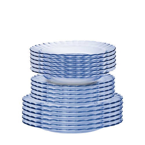 Duralex Le Picardie. 18 Piece Marine Blue Glass Dinnerware Set- Dinner Plates, Dessert Plates, and Bowls. L'ensemble de vaisselle en verre bleu marine de 18 pièces - des assiettes à dîner, des assiettes à dessert et des bols.