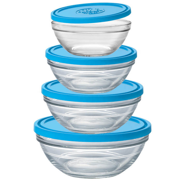 Duralex Freshbox. Four Clear Glass Food Storage Containers with Blue Lids. Quatre contenants de stockage alimentaires en verre transparent avec des couvercles bleus.