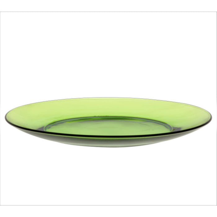 Duralex Lys. A green glass dinner plate. Une assiette à dîner en verre vert.