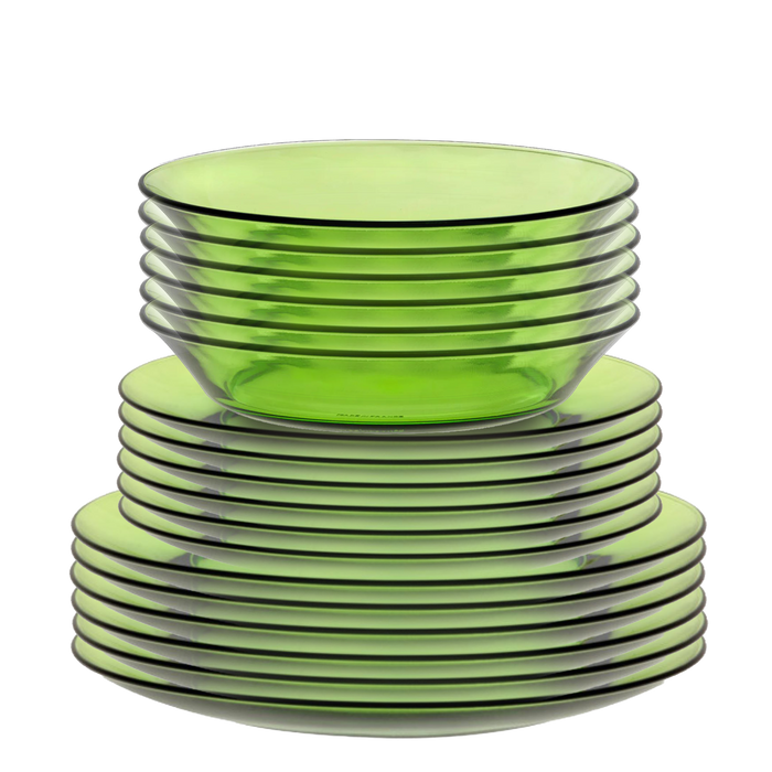Duralex Lys. 18 piece Green Glass Dinnerware Set with Dinner Plates, Dessert Plates, and Bowls. L'ensemble de vaisselle en verre vert de 18 pièces avec des assiettes à dîner, des assiettes à dessert et des bols.