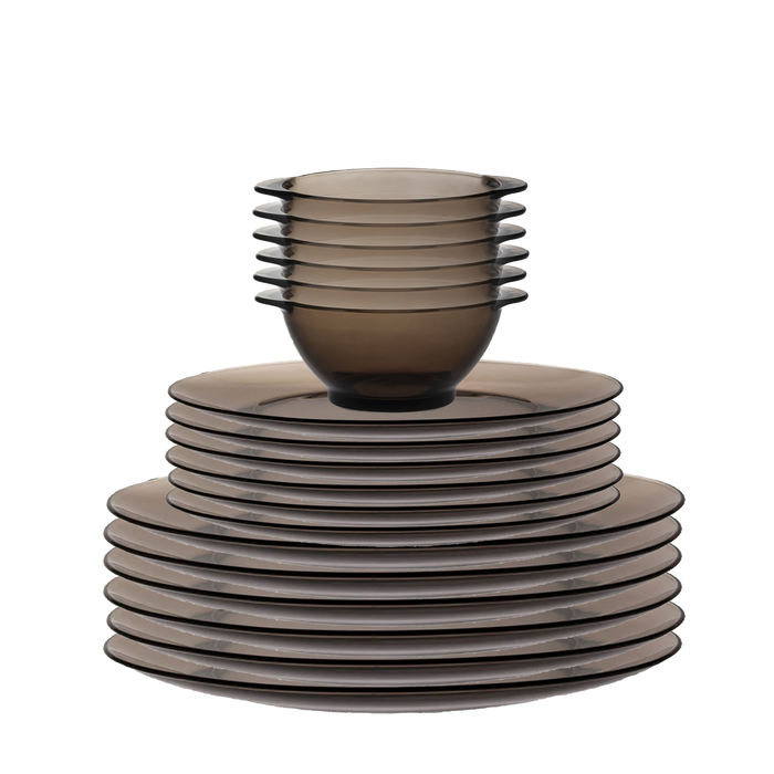 Duralex Lys. 18 Piece Dinnerware Set. 6 Sepia Glass Dinner Plates. 6 Sepia Glass Dessert Plates. 6 Sepia Bowls with handles. Ensemble de vaisselle de 18 pièces. 6 assiettes à dîner en verre sepia. 6 assiettes à dessert en verre sepia. 6 bols à oreilles en verre sepia.