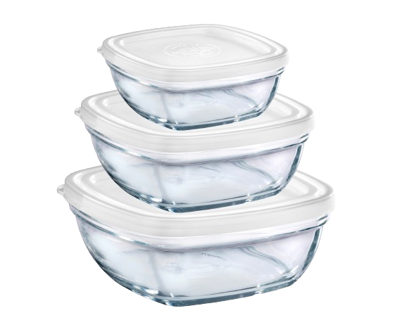Duralex Freshbox. Three Large Square Clear Glass Food Containers with White Lids. Trois grands contenants alimentaires carrés en verre transparent avec des couvercles blancs.