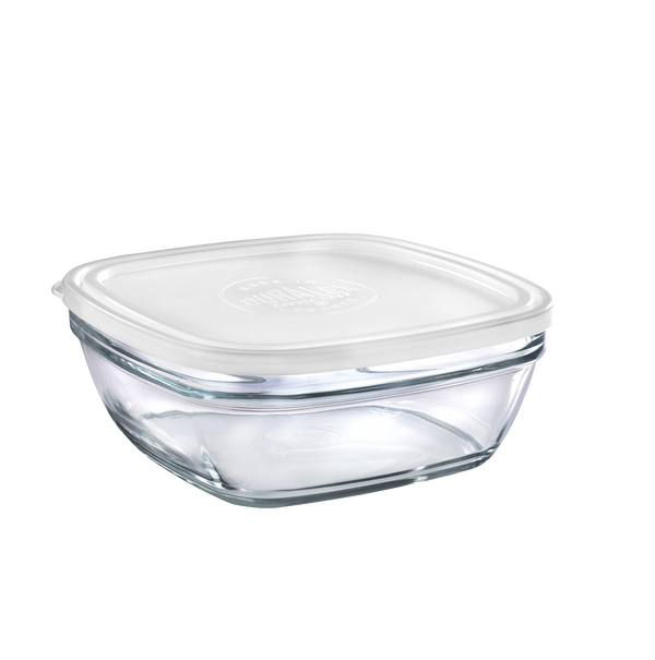 Duralex Freshbox. Clear Square Glass Food Container with White Lid. Le contenant alimentaire en verre transparent carré avec couvercle blanc.