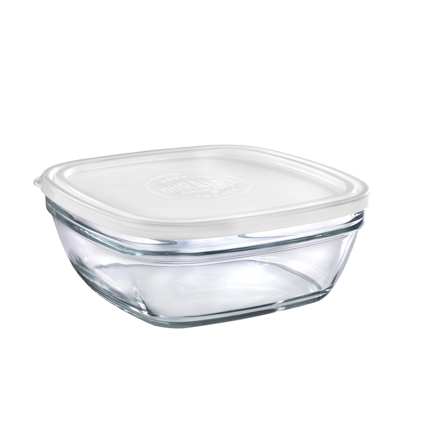 Duralex Freshbox. Clear Square Glass Food Container with White Lid. Le contenant alimentaire en verre transparent carré avec couvercle blanc.