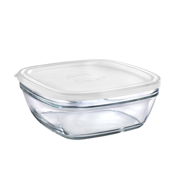 Duralex Freshbox. Clear Square Glass Food Container with White Lid. Le contenant alimentaire en verre transparent carré avec couvercle blanc.