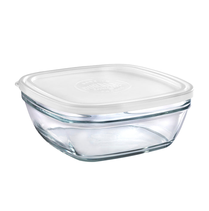 Duralex Freshbox. Clear Square Glass Food Container with White Lid. Le contenant alimentaire en verre transparent carré avec couvercle blanc.