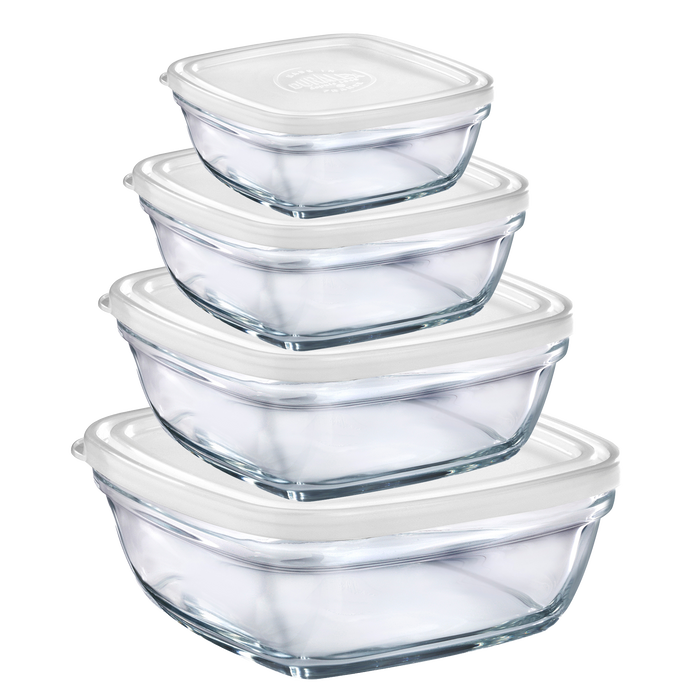 Duralex Freshbox. Four Large Square Clear Glass Food Containers with White Lids. Quatre grands contenants alimentaires carrés en verre transparent avec des couvercles blancs.