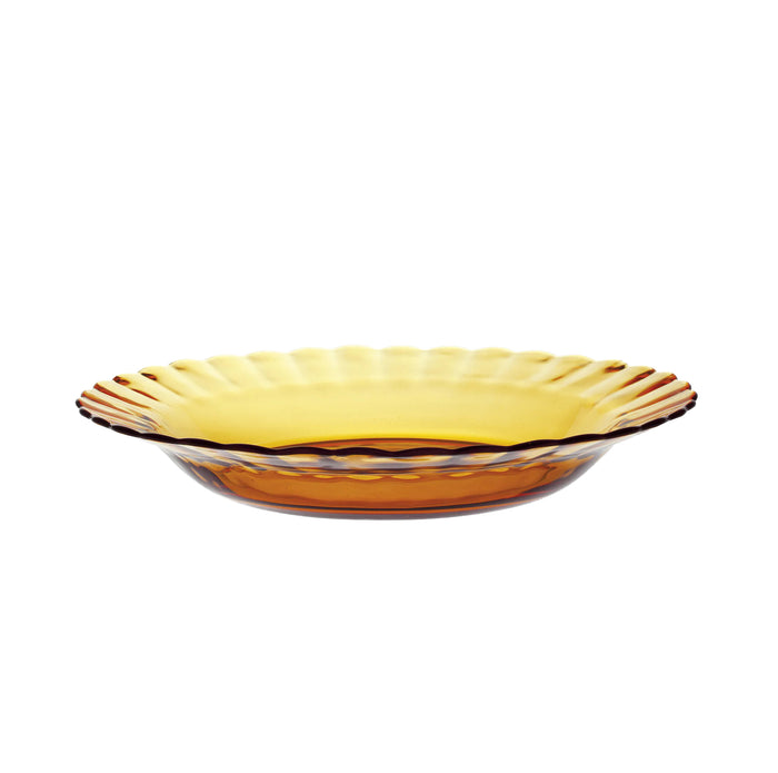 Duralex Le Picardie. Amber yellow glass bowl with beveled edges. Bol en verre jaune vermeil avec des bords biseautés.