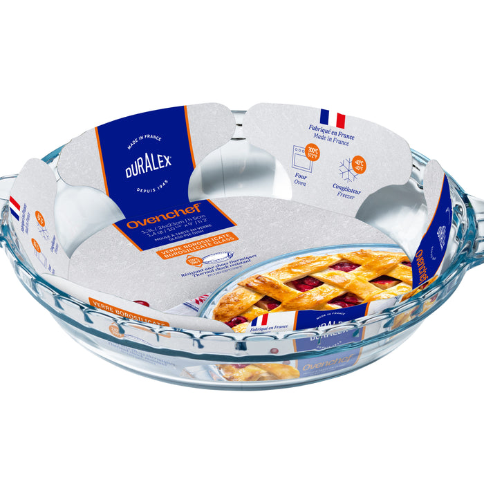 Duralex Ovenchef. Clear Glass Round Pie Dish. Plat à tarte rond en verre transparent.