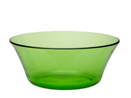 Duralex Picardie. A stylish green salad bowl with a flat base and edges that curves slightly outwards. Un chic bol à salade vert avec une base plate et des bords qui s'incurvent légèrement vers l'extérieur.