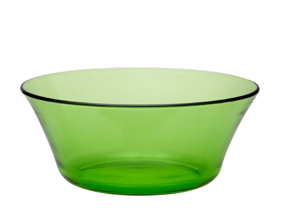 Duralex Picardie. A stylish green salad bowl with a flat base and edges that curves slightly outwards. Un chic bol à salade vert avec une base plate et des bords qui s'incurvent légèrement vers l'extérieur.