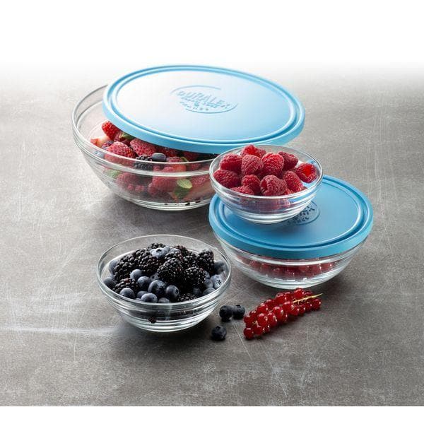 Duralex Freshbox. Clear Glass Bowls with Blue Lids. Les Bols en verre transparent avec des couvercles bleus.